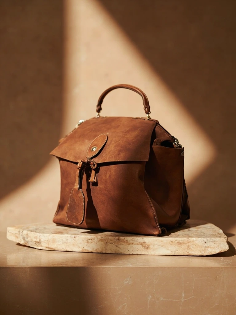 A single handbag on travertine, lit like a museum still life.