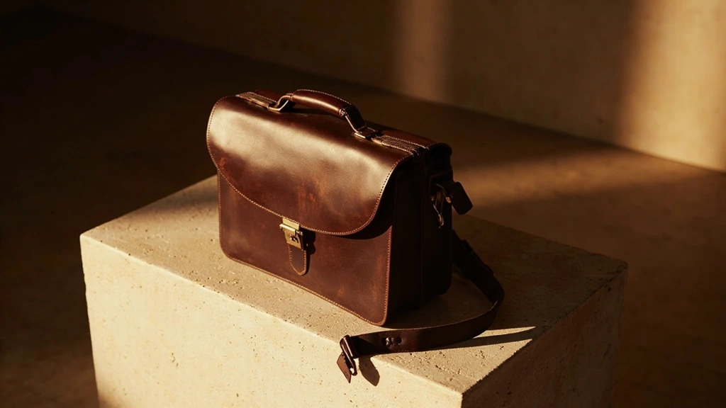 A patinated leather briefcase resting on travertine inside the Florence atelier